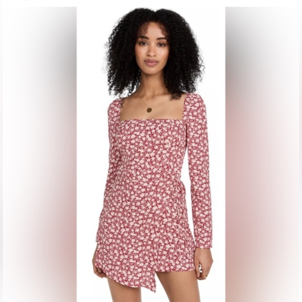 Reformation Rosalie Red Floral Long Sleeve Wrap Mini Dress Square Neck Size 4